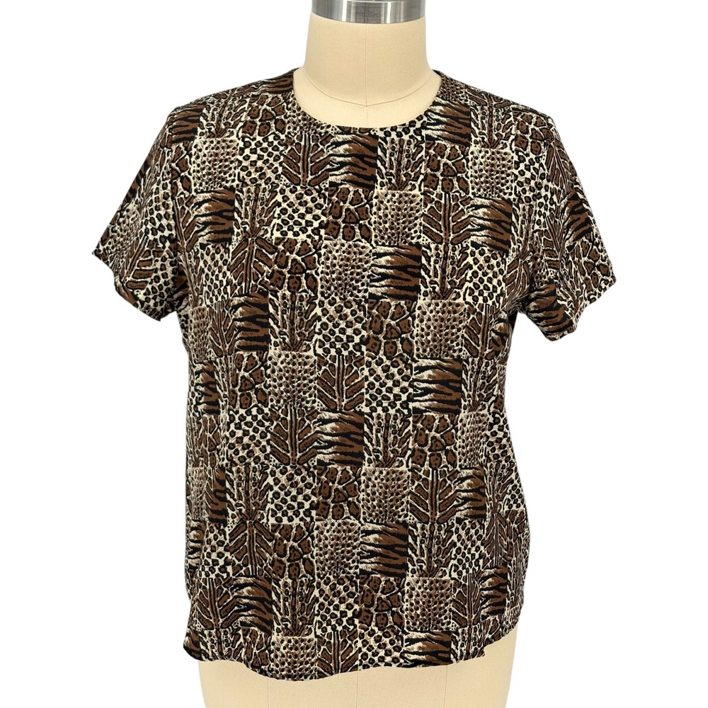 Adamo Vintage Blouse Brown Animal Print Patchwork Shoulder Pads 1X